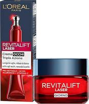 "L'Oréal Paris Revitalift Laser" trigubo poveikio senėjimą stabdantis dieninis kremas, stangrinantis ir spindintis, su proretinoliu ir vitaminu C 50 ml + stangrinamasis akių kremas su trigubu poveikiu nuo raukšlių 15 ml - 2 vnt.