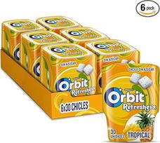 "Orbit Refreshers Tropical" 6 x 30 vienetų - kramtomoji guma be cukraus, tropinių vaisių skonio, 180 dražė, vertinga pakuotė
