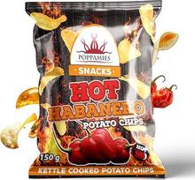 "Poppamies Hot Habanero" bulvių traškučiai - itin aštrūs, storai supjaustyti, traškūs traškučiai, pagaminti su tikrais "Habanero" čili - ugningai aštrūs - 150 g pakuotė