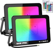 2 pakuotės 100 W RGB lauko LED prožektorių su nuotolinio valdymo pulteliu, 16 spalvų, 4 režimai, atminties funkcija, lauko / vidaus prožektorius, IP66 vandeniui atsparus neoninis LED prožektorius sodui, kiemui, vakarėliui