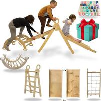 5-in-1 Montessori Klettergerüst Indoor Set - Pikler Dreieck, Kletterbogen, Kletternetz und Indoor Rutsche mit doppelseitiger Rampe - Indoor Spielplatz ab 1 Jahr, naturbelassenes Holz