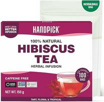 HANDPICK Hibiscus Tea | 100 ekologiškų apvalių arbatos maišelių | Be kofeino | Pagaminta iš 100 % grynų hibiscus žiedų | Be GMO | Vakuuminiu būdu uždaryta, kad būtų šviežia