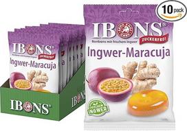 IBONS Imbiero pasiflorų saldainiai be cukraus - pastilės be cukraus - su tikru šviežiu imbieru - veganiški, be glitimo ir halaliniai - 10 x 75g