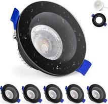 KYOTECH LED įleidžiami prožektoriai 230 V IP65, 5 W 500 LM lubų prožektoriai 68-75 mm, keičiamo šviesos šaltinio itin plokšti 3000 K šiltos baltos spalvos prožektoriai, skirti vonios kambariui, virtuvei, svetainei, juodai baltai, 6 vnt.