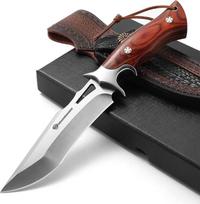 Medžioklinis peilis TJ-PTG, 13 cm ilgio geležtė, lauko peilis, pagamintas iš M390 plieno, diržinis peilis su odiniu dėklu ir elegantiška medine rankena, skirtas išgyvenimui, stovyklavimui