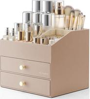 VLANDO Makeup Organizer, Kunstleder Kosmetik Organizer mit 2 Schubladen, Schminktisch Organizer für Lippenstift, Schmuck & Hautpflege, Toffee