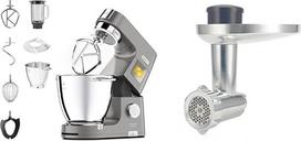 "Kenwood Titanium Chef Patissier XL" KWL90.034SI, virtuvinis kombainas su integruotomis svarstyklėmis, įskaitant KAX950ME 4 dalių konditerijos rinkinį "Silver" ir mėsmalės priedus, skirtus "Kenwood" virtuviniams kombainams