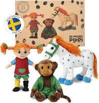 "Pippi Langstrumpf" pliušinių žaislų rinkinys - su skudurine lėle Pippi (20 cm), beždžione ponu Nilssonu (16 cm) ir mažuoju dėde arkliu (22 cm) - oficialiai licencijuotas, pliušinis žaislas vaikams