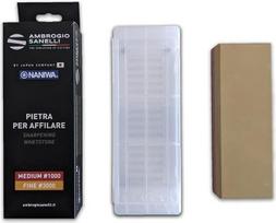 "Sanelli Ambrogio", "Naniwa Basic Stone 2-in-1" kombinuotas peilių galąstuvas, vidutinio grūdėtumo #1000 ir baigiamojo #3000, idealiai tinka įprastiems peiliams, pagamintas Japonijoje