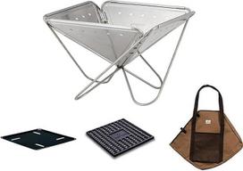 "Snow Peak Fireplace Starter Kit", didelis nešiojamasis nerūdijančio plieno ugniakuras, anglių lova, pagrindo plokštė ir drobės krepšys stovyklavimui ir maisto ruošimui lauke