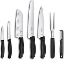 "Victorinox Swiss Classic" virtuvinių peilių rinkinys, 7 dalių, peilis "Santoku", peilis duonai, peilis daržovėms, itin aštrūs ašmenys, juodas