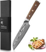 "Wakoli Hickory Damascus Knife Santoku Knife" - damaskinis virtuvinis peilis, pagamintas iš 67 sluoksnių damaskinio plieno su VG10 šerdimi, 18 cm geležtė, V formos pjūvis 12-14°, riešutmedžio rankena, virėjo peilis Profesionalus peilis