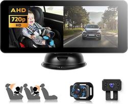 Dviguba vaikiška automobilinė kamera vaikams su 6,86 colių padalytu HD 720P ekranu ir atbulinės eigos kamera, 360° kampu besisukanti naktinio matymo saugos automobilio sėdynės veidrodžio kamera, siurbtuko laikiklis