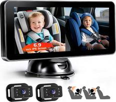 Dviguba kūdikių automobilio kamera 2 vaikams - 6,9 colių IPS HD ekranas su naktinio matymo funkcija ir 360° kampu besisukančia saugaus automobilio sėdynės veidrodėlio kamera vaikams ir naminiams gyvūnams, lengvai montuojama