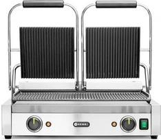 HENDI kontaktinis grilis, dvigubo griovelio dizainas, su grilio valymo šepetėliu, temperatūra reguliuojama iki 300 °C, grilio paviršius 480 x 235 mm, elektrinis grilis, 230 V/3600 W, 570 x 375 x (H) 216 mm, nerūdijantis plienas