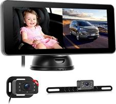 Kūdikių automobilio kamera ir galinio vaizdo kamera 2 in 1 6,86 colių IPS padalintas ekranas 1080P HD 2 kameros su naktiniu matymu, plačiu kampu, galvos atlošu ir numerio ženklu