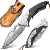 NedFoss Griffon Damasko kišeninis peilis Aukštos kokybės 9 cm Damasko sulankstomas peilis, pagamintas iš 67 sluoksnių VG10 plieno su medine rankena, vienos rankos peilis su odiniu dėklu ir spaustuku, Damasko medžioklinis peilis kolekcijai ir dovanoms
