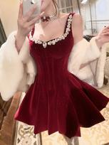 SISI JIANG  New Year Battle Robe  - French Lady Red Velvet Rhinestone Waist-Cinching Elegant Puff Skirt Dress S