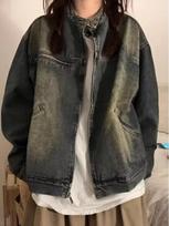 Women's Plus Size Distressed Retro Denim Jacket, Loose Fit for Spring/Autumn 2XL mėlyna