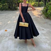 Elegant Black Spaghetti Strap Sleeveless Evening Gown for Women M juoda