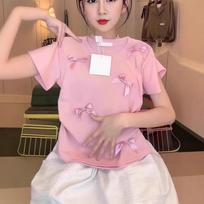 Japanese Sweet Bow Pink Cropped T-Shirt - Summer College Style Short Sleeve XL balta