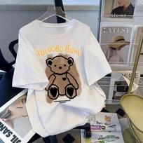 Women's Retro Little Bear Cotton T-Shirt - 2026 Summer Short Sleeve Loose Fit with Cartoon Print for Girls M for 95-110 lbs