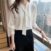 2025 Spring Korean Style White Chiffon Blouse with Bowknot - Women's Long Sleeve Professional Top S rožinė