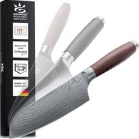 "Solingen Premium MyII Santoku peilis / Damasko peilis Aštrus profesionalus virtuvinis peilis, pagamintas Vokietijoje, iš ledo grūdinto damasko plieno VG10, su ergonomiška riešutmedžio rankena