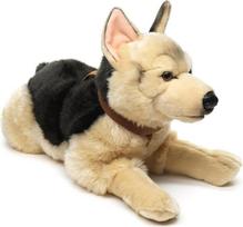 "Uni-Toys" - Vokiečių aviganis guli (su diržais) - 65 cm (ilgis) - Pliušinis šuo, naminis gyvūnėlis - Pliušinis žaislas, pliušinis žaislas