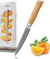 "Wakoli Olive Damask Utility Knife" 12,5 cm ilgio peilis pagamintas iš tikro damaskinio plieno (VG10 šerdis) - aštrus ir ergonomiškas - damaskinis peilis su alyvuogių medžio rankena dovanų dėžutėje - mažas virtuvinis peilis ir daržovių peilis