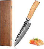 "Wakoli Olive Santoku" peilis, pagamintas iš tikro damaskinio plieno (VG10 šerdis), 17 cm ilgio ašmenimis - aštrus damaskinis virtuvinis peilis ir tikslus virėjo peilis visiems pjūviams - damaskinis peilis su alyvuogių medžio rankena dovanų dėžutėje