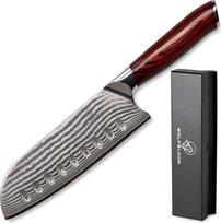 "Wolfblood Damascus Santoku" peilis XL (30 cm) TÜV testuotas 62 HRC Damasko plienas, pagamintas iš 67 sluoksnių I Damasko virtuvės peilis Santoku peilis su vyšninės medienos rankena Dovanų dėžutė ir geležtės apsauga
