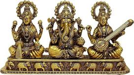 HOME GENIE Žalvarinis Laxmi Ganesh Saraswati stabų rinkinys, smulkių žalvarinių statulėlių rinkinys, skirtas namų šventykloms, Diwali, Vastu ir šventiniam dekorui, 4,5 x 14,5 cm pagrindas, 8,5 cm aukštis, 410 g, rankų darbo apdaila