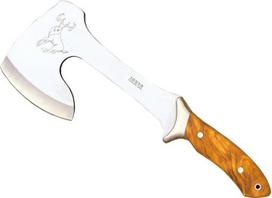 Joker Medžioklinis kirvis Cazador HO00 Olive Wood Handle Išgyvenimo kirvis su 21 cm ilgio ašmenimis su odiniu dėklu Nerūdijančio plieno antgalis Žvejybos, medžioklės, stovyklavimo ir žygių įrankis