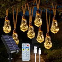 Lauko saulės žibintai, 20 S17 lempučių, 10 m kanapių virvė su nuotolinio valdymo pulteliu, USB ir saulės energija varomi nedūžtantys žibintai, atsparūs vandeniui, 8 režimai, balkono pasakų žibintai