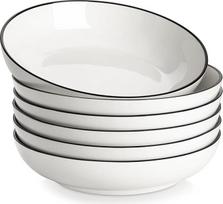 MALACASA, "Regular Series", 6 dalių makaronų lėkštė, sriubos lėkštė, kreminės baltos spalvos su juodu apvadu, porcelianinė salotų lėkštė, gili lėkštė spagečiams, didelis sriubos dubuo makaronams, sriuboms, salotoms, vaisiams, 1250 ml