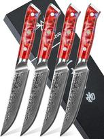 Steiko peilių rinkinys, 4 dalių Damasko peilių rinkinys, 13 cm geležtė - Steiko peilių rinkinys - VG 10 Damasko plieno virtuviniai peiliai su dervos rankena - Xuan serija (saulėlydžio raudona)