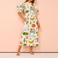 Spring Women's European & American Style Printed Lantern Sleeve Maxi Dress M