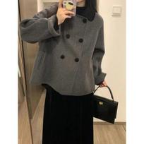 Petite Women's Retro Gray Woolen Coat with Peter Pan Collar, Thickened for Autumn/Winter Korean Hepburn Style. 2XL tamsiai pilka spalva