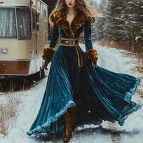 2026 European & American Women's Thick Velvet Long Sleeve Fur Collar Dress XL mėlyna