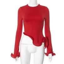 Y24TP419 Women's 3D Ruffle Round Neck Bell Sleeve Top S raudona