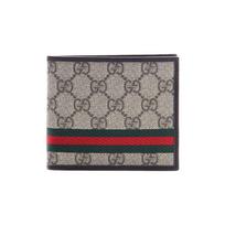 „Gucci“ vintažinės logotipo dryžuota trumpa sulankstoma drobės ir odinė vyriška piniginė, juodmedžio rudos spalvos, 138086-KGD8R-9791 Basic Set (Bag+Dust Bag)