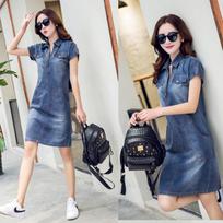 Plus Size Korean V-Neck Short Sleeve Denim A-Line Dress 2XL mėlyna
