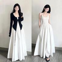 Women's White Sleeveless Camisole Dress – French Design, Versatile for Early Autumn, Perfect for Layering or Wearing Alone, Casual Long Skirt 2XL