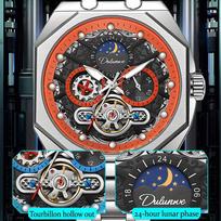 Tourbillon Skeletinis Stipriai Šviečiantis Mėnulio Fazės Mechaninis Laikrodis Vyrams, Visiškai Automatinis Verslo Laikrodis, Šventinė Dovana, Nerūdijančio Plieno Laikrodis mėlyna