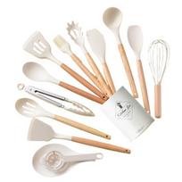 Silikoninis virtuvės įrankių rinkinys su medinėmis rankenomis, karščiui atsparus, mentelė, žnyplės, spatula, šaukštas, šepetys, šluotelė, nelipnūs gaminimo įrankiai 12pcs balta