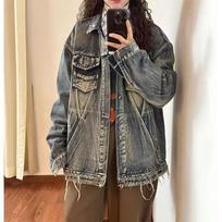 Unisex Retro Patchwork Denim Jacket – Loose, Trendy, High Street Style for Spring and Autumn. Small mėlyna