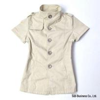 Retro American Short-Sleeve Stand Collar Waist-Cinching Workwear Shirt Medium kremas baltos spalvos
