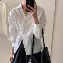 Korean V-Neck Irregular Tie-Up Lace Patchwork Top L mėlyna