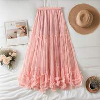 Elegant A-Line Mesh Skirt with Sweet Ruffle Lace Trim One Size žalia